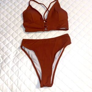 Shein burnt sienna high waisted/cut ribbed bikini
